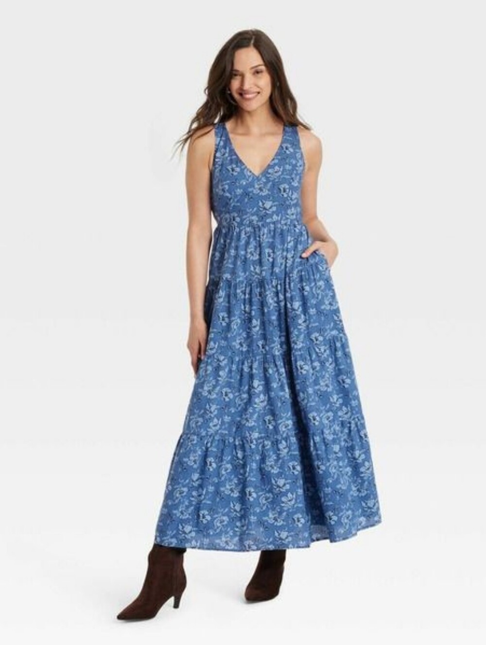 Universal Thread Blue Floral V-Neck Tiered Maxi Dress